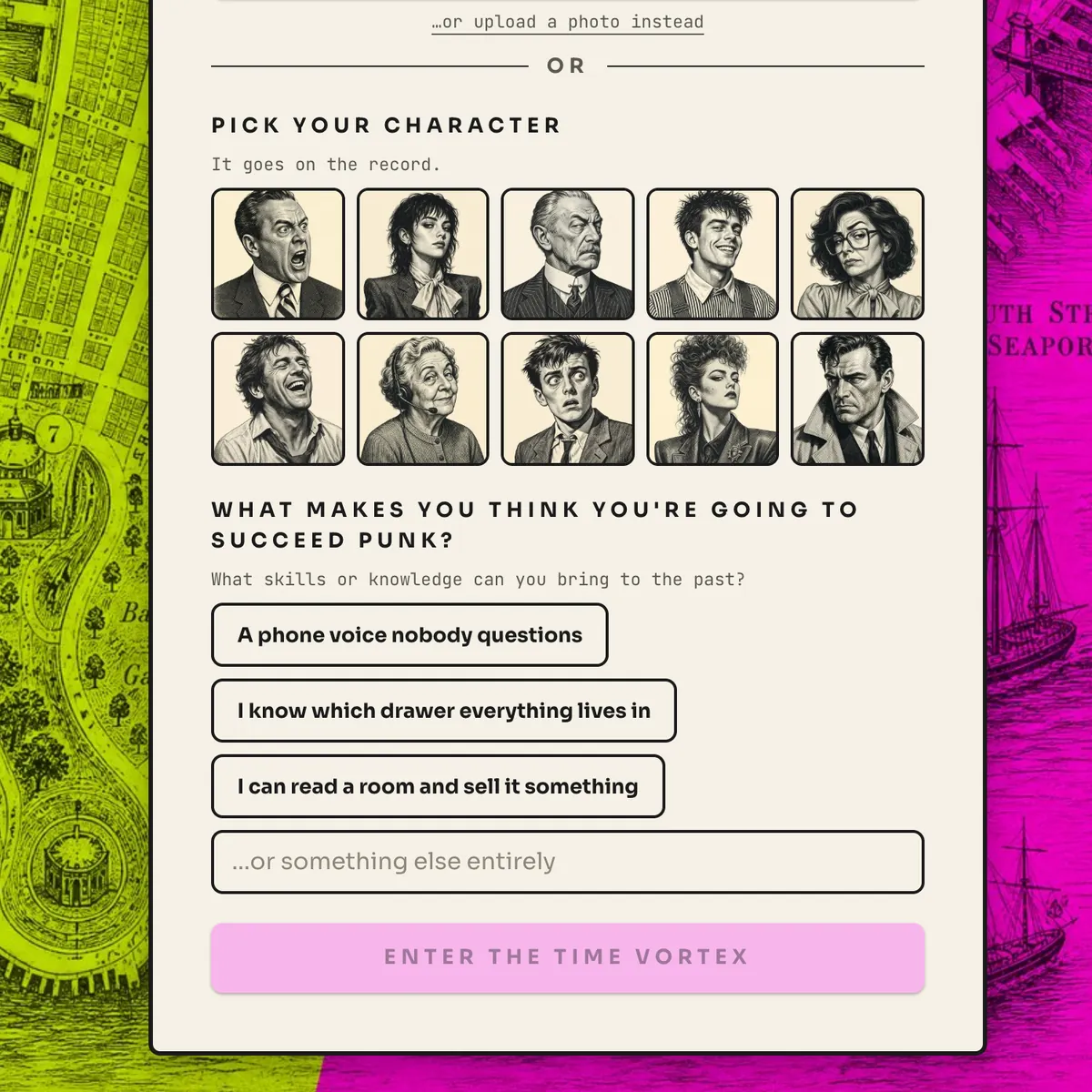 The PastMaster game's character picker: ten engraved 1980s portraits over an old New York street map.