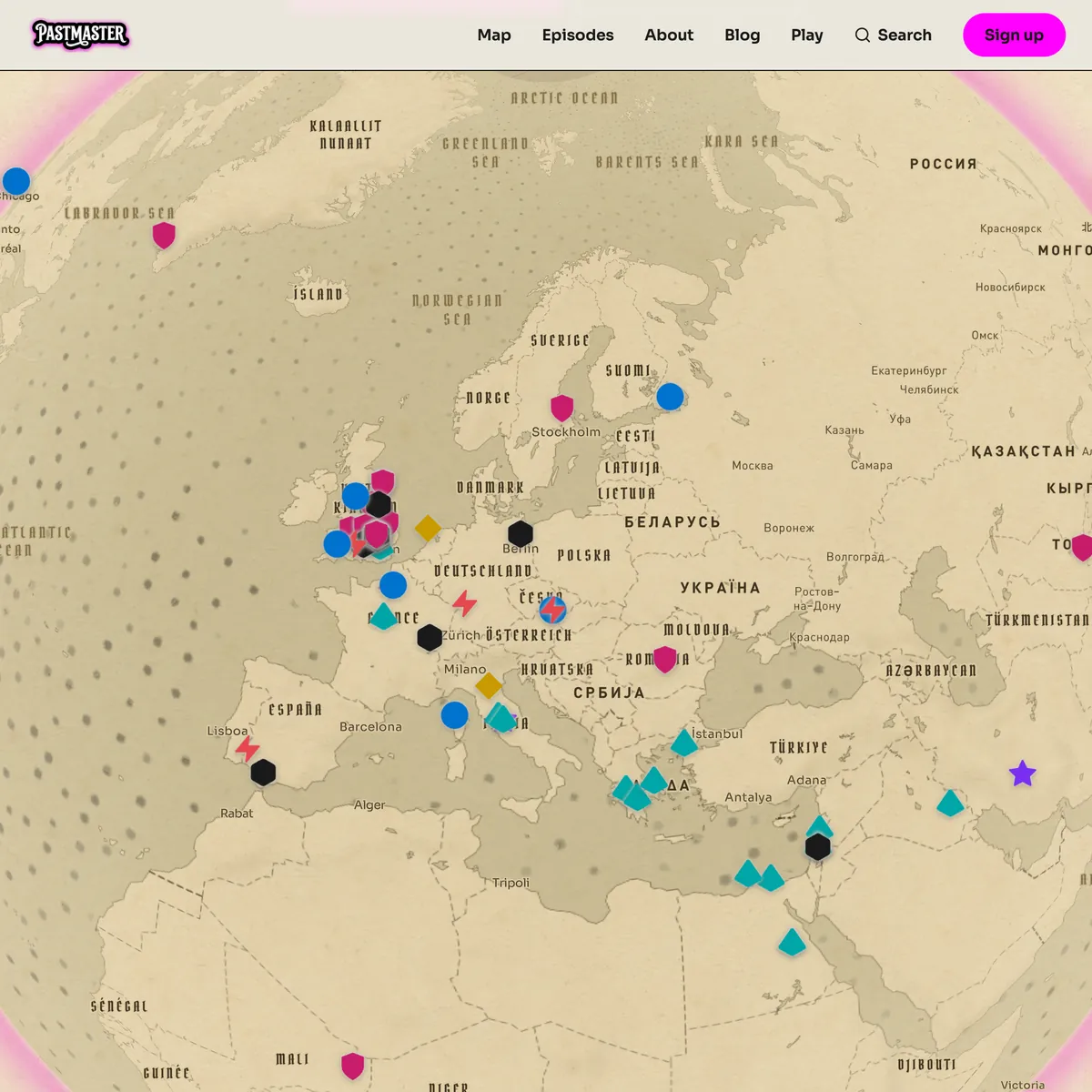 The PastMaster map: Europe and the Mediterranean covered in episode pins.
