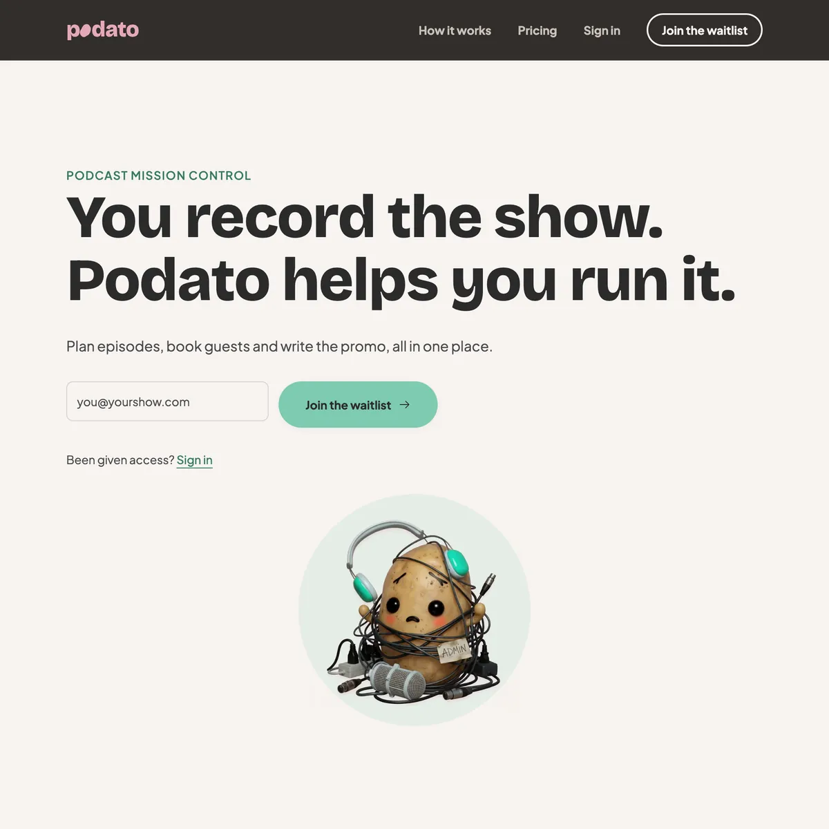 The Podato home page: a cartoon potato in headphones, tangled in cables labelled admin.