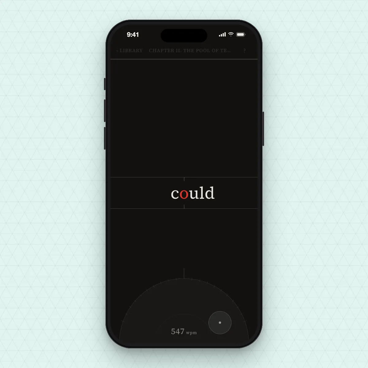 Throttle on an iPhone: one word in the middle of a dark screen, the speed wheel below it pushed round to 547 words a minute.